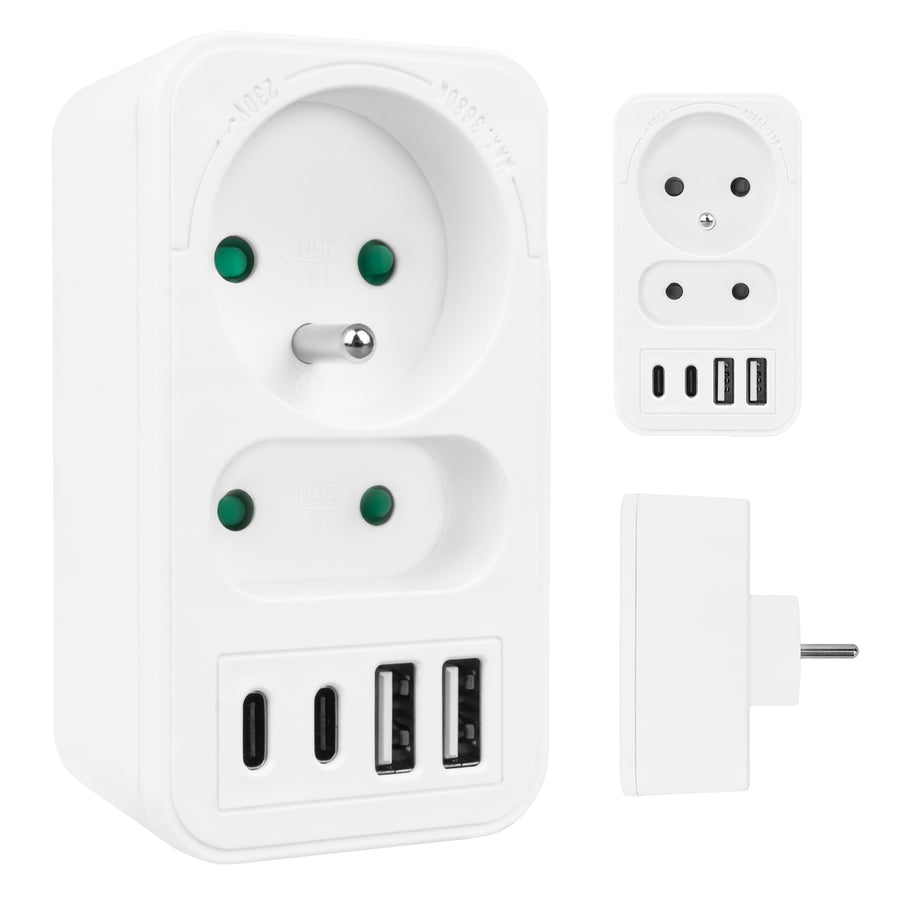 Toma de corriente Maclean x2 + 4xUSB, divisor con 2 tomas, 2xUSB A, 2xUSB C PD 20W, 1x16A + 1x6A, MCE249 F/W