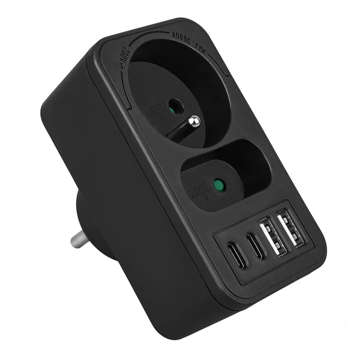 Toma de corriente Maclean x2 + 4xUSB, divisor con 2 tomas, 2xUSB A, 2xUSB C PD 20W, 1x16A + 1x6A, MCE249 F/W