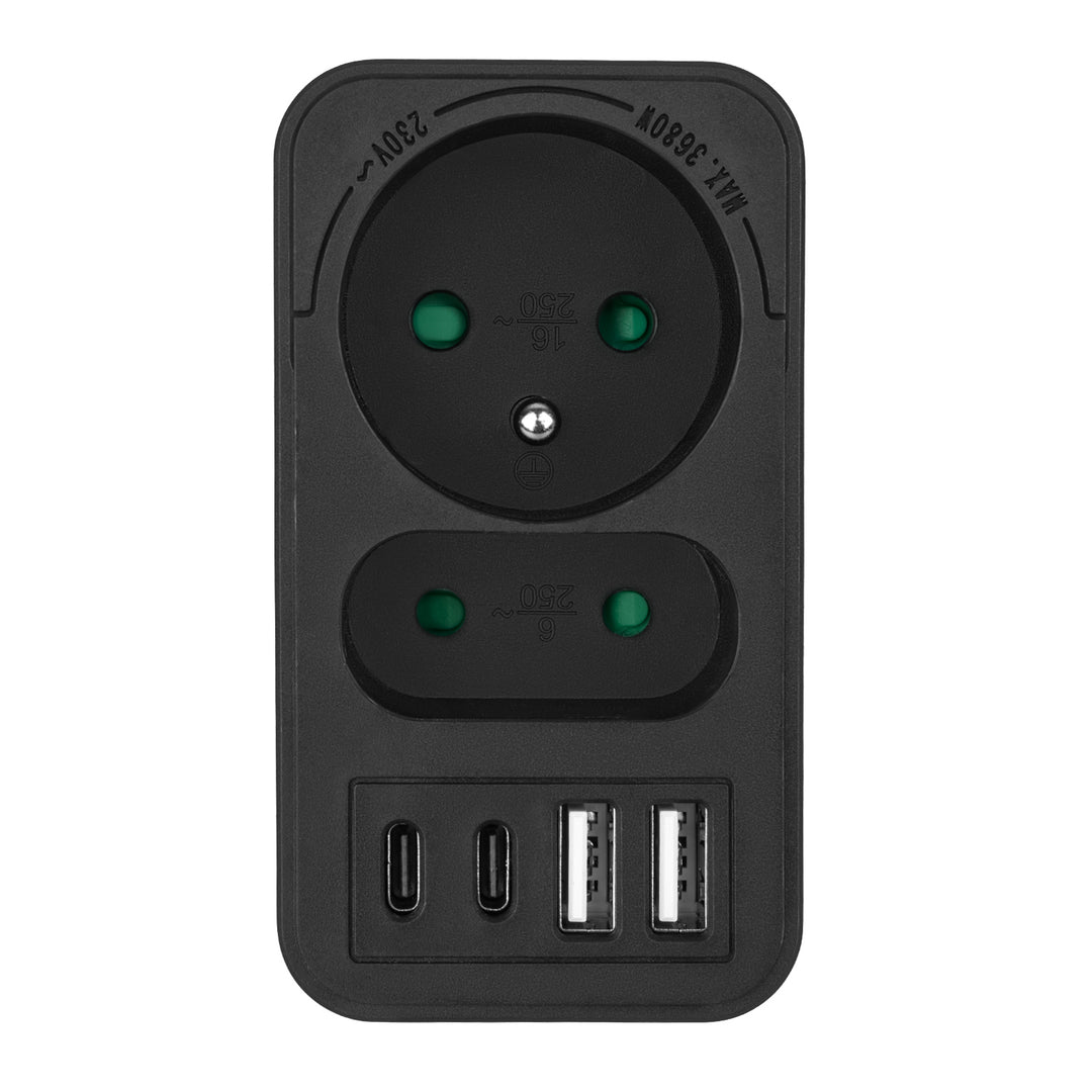 Toma de corriente Maclean x2 + 4xUSB, divisor con 2 tomas, 2xUSB A, 2xUSB C PD 20W, 1x16A + 1x6A, MCE249 F/W