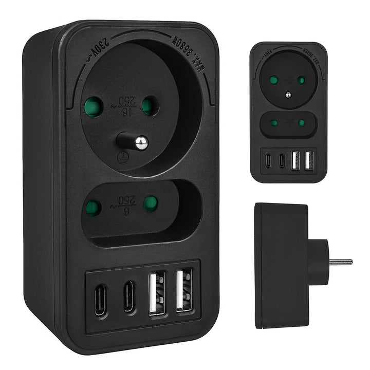 Toma de corriente Maclean x2 + 4xUSB, divisor con 2 tomas, 2xUSB A, 2xUSB C PD 20W, 1x16A + 1x6A, MCE249 F/W