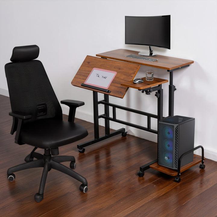 Mesa escritorio móvil para portátil Maclean, negra, tablero 80x60 cm, 50 kg máx., altura regulable 67-115 cm, MC-124 B