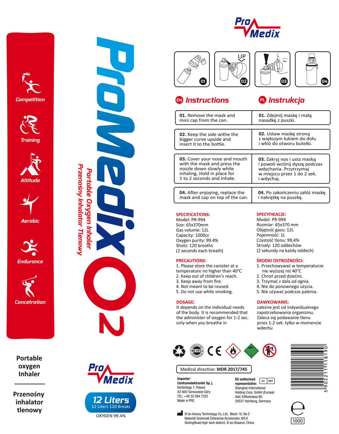 Promedix Inhalador portátil de oxígeno enlatado al 99,4% 12L, PR-994, 2 unidades