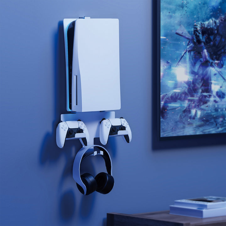 Suporte de parede NanoRS RS181 branco para PS5 com suporte para almofada, máx. 10 kg + Suporte de parede NanoRS RS180 branco para consola Playstation 5, máx. 10 kg