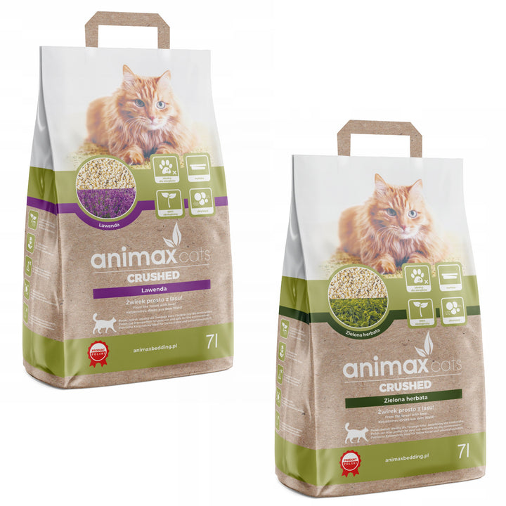 Animax Lecho aglomerante, Lavanda, triturado, 7 litros + Lecho aglomerante, Té verde, triturado, 7 litros
