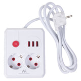 Regleta de enchufes Maclean, cable alargador 2 tomas + 3xUSB, 110-240V CA 50/60Hz, 2,1A máx. 2500W, 1,5m, blanco, MCE387 W