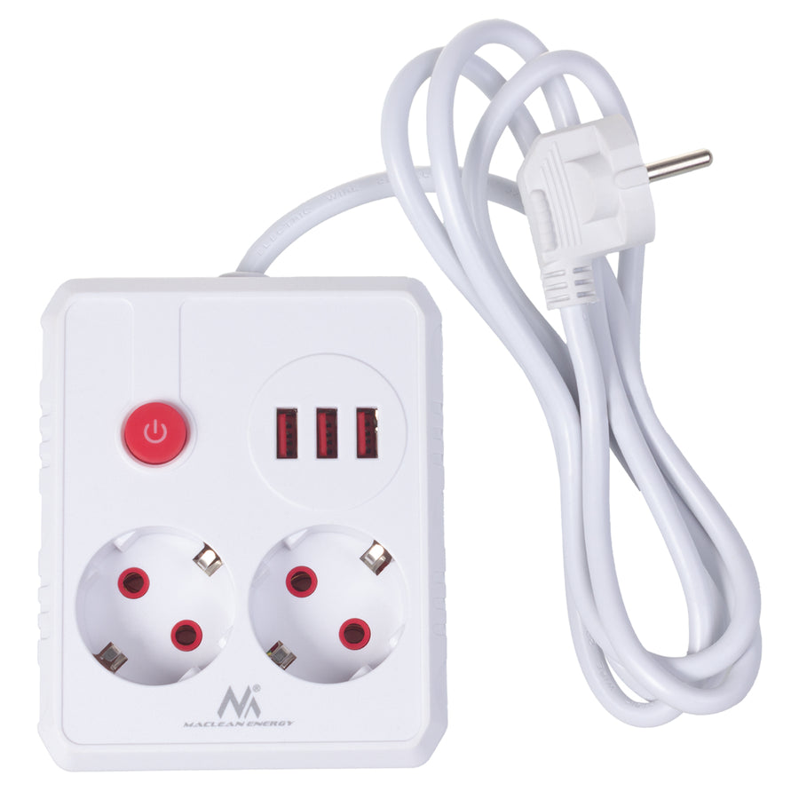 Regleta de enchufes Maclean, cable alargador 2 tomas + 3xUSB, 110-240V CA 50/60Hz, 2,1A máx. 2500W, 1,5m, blanco, MCE387 W