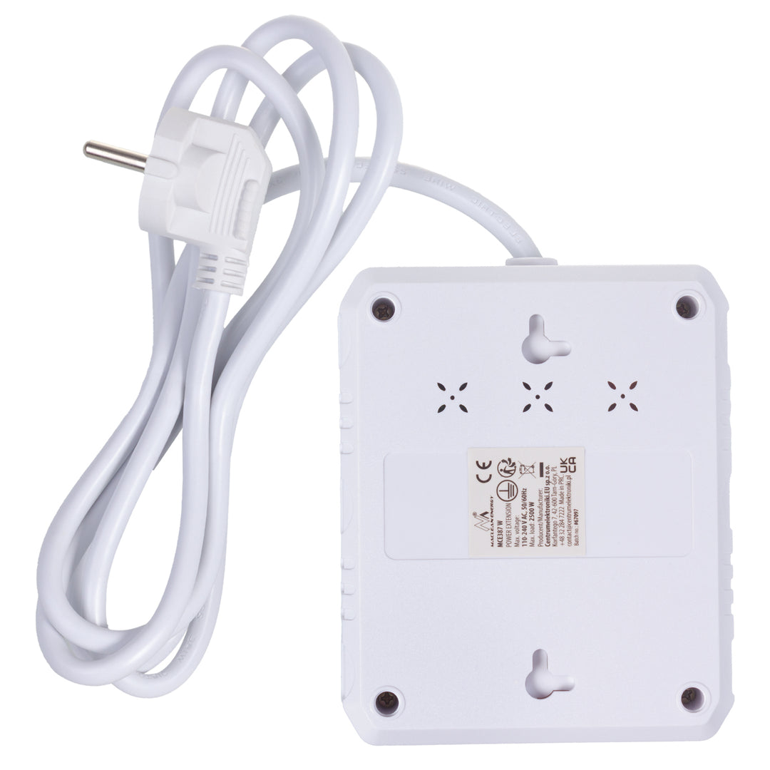 Regleta de enchufes Maclean, cable alargador 2 tomas + 3xUSB, 110-240V CA 50/60Hz, 2,1A máx. 2500W, 1,5m, blanco, MCE387 W