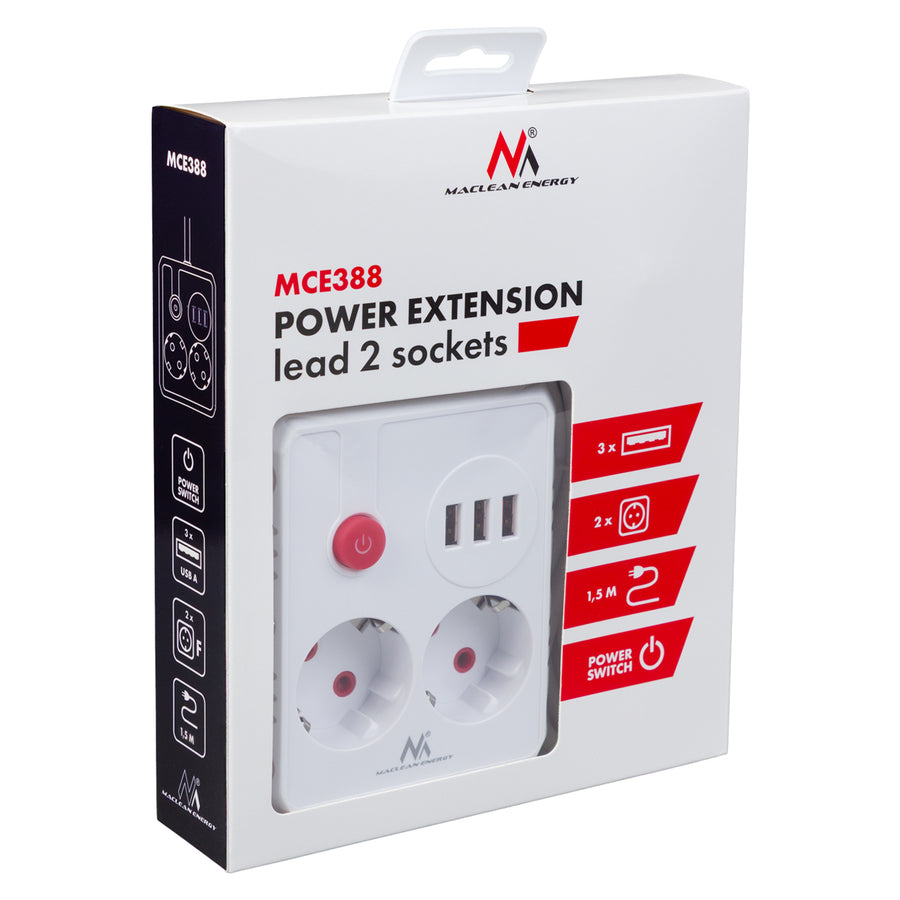 Regleta de enchufes Maclean, cable alargador 2 tomas + 3xUSB, 110-240V CA 50/60Hz, 2,1A máx. 2500W, 1,5m, blanco, MCE387 W