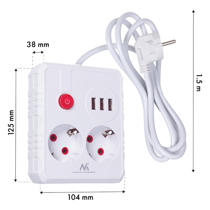 Regleta de enchufes Maclean, cable alargador 2 tomas + 3xUSB, 110-240V CA 50/60Hz, 2,1A máx. 2500W, 1,5m, blanco, MCE387 W