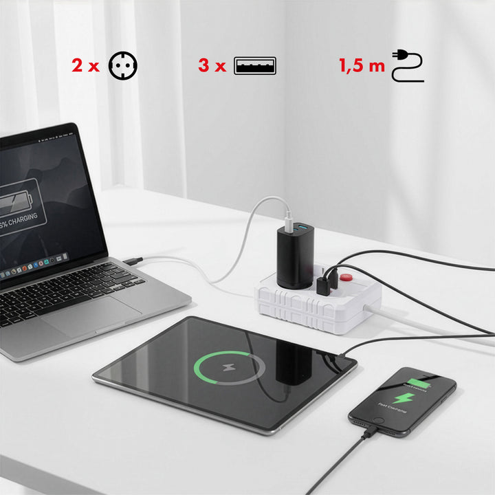 Regleta de enchufes Maclean, cable alargador 2 tomas + 3xUSB, 110-240V CA 50/60Hz, 2,1A máx. 2500W, 1,5m, blanco, MCE387 W