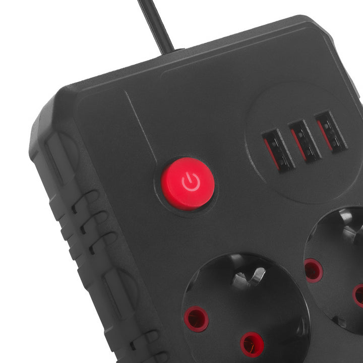 Regleta de enchufes Maclean, cable alargador de 2 tomas + 3xUSB, 110-240 V CA 50/60 Hz, 2,1 A máx. 2500 W, 1,5 m, negro, MCE387 B