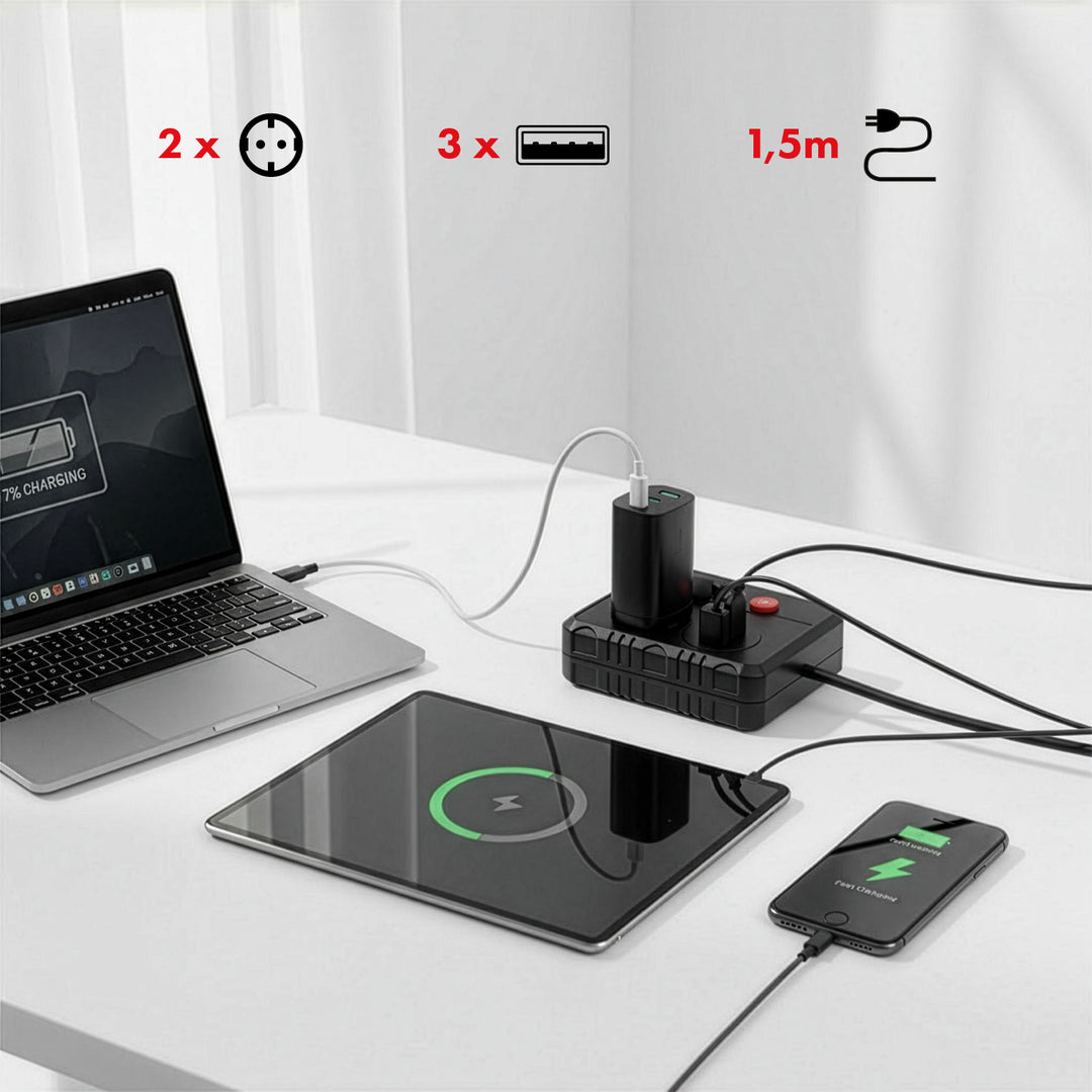 Regleta de enchufes Maclean, cable alargador de 2 tomas + 3xUSB, 110-240 V CA 50/60 Hz, 2,1 A máx. 2500 W, 1,5 m, negro, MCE387 B