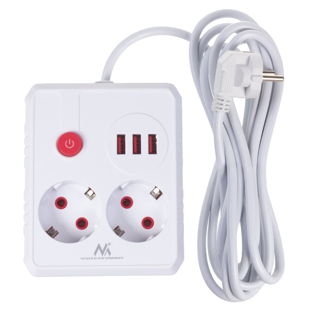 Regleta de enchufes Maclean, cable alargador 2 tomas + 3xUSB, 110-240 V CA 50/60 Hz, 2,1 A máx. 2500 W, 3 m, blanco, MCE388 W