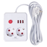 Regleta de enchufes Maclean, cable alargador 2 tomas + 3xUSB, 110-240 V CA 50/60 Hz, 2,1 A máx. 2500 W, 3 m, blanco, MCE388 W