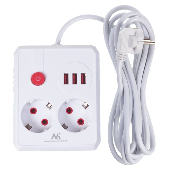 Regleta de enchufes Maclean, cable alargador 2 tomas + 3xUSB, 110-240 V CA 50/60 Hz, 2,1 A máx. 2500 W, 3 m, blanco, MCE388 W