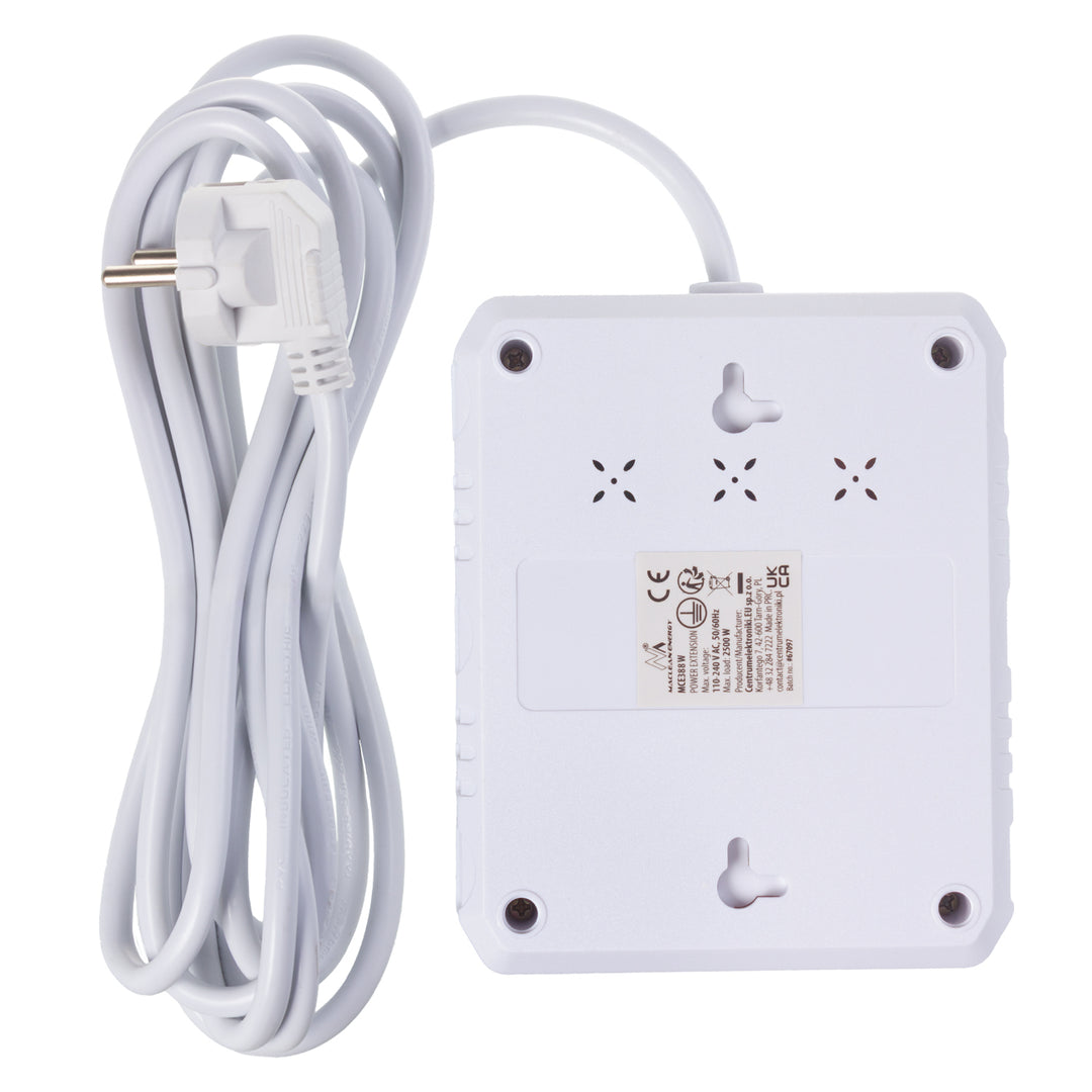 Regleta de enchufes Maclean, cable alargador 2 tomas + 3xUSB, 110-240 V CA 50/60 Hz, 2,1 A máx. 2500 W, 3 m, blanco, MCE388 W
