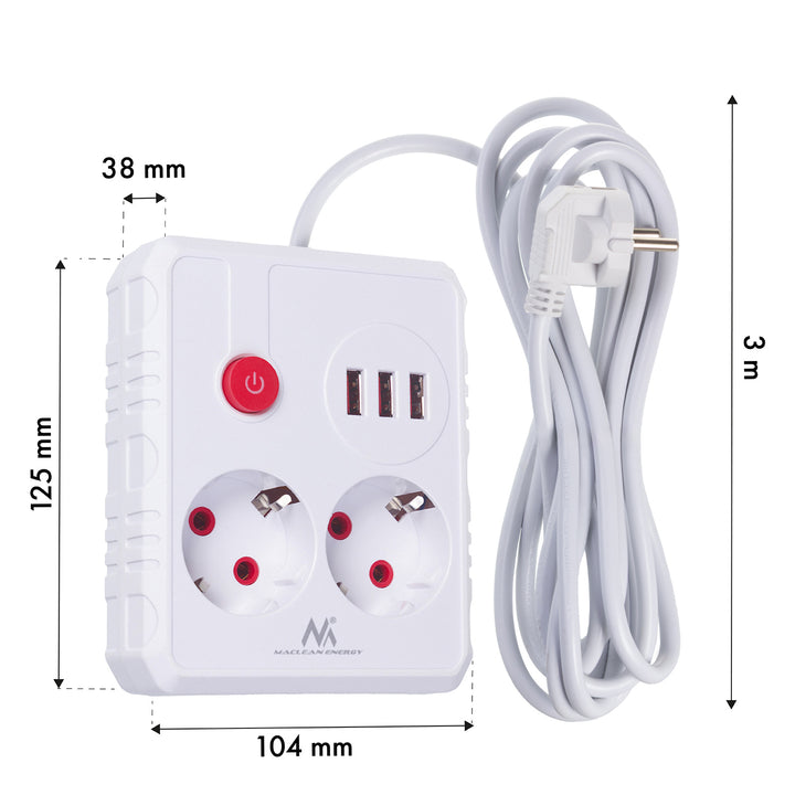 Regleta de enchufes Maclean, cable alargador 2 tomas + 3xUSB, 110-240 V CA 50/60 Hz, 2,1 A máx. 2500 W, 3 m, blanco, MCE388 W