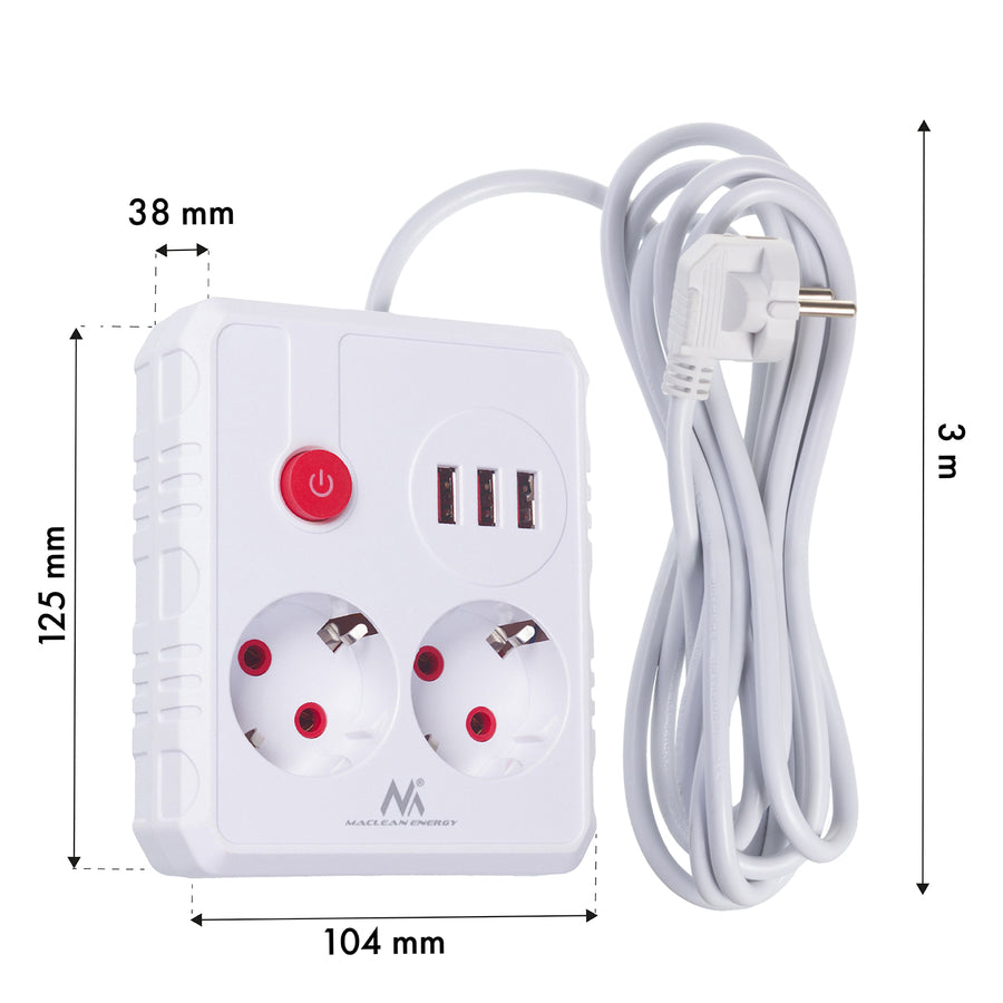 Regleta de enchufes Maclean, cable alargador 2 tomas + 3xUSB, 110-240 V CA 50/60 Hz, 2,1 A máx. 2500 W, 3 m, blanco, MCE388 W