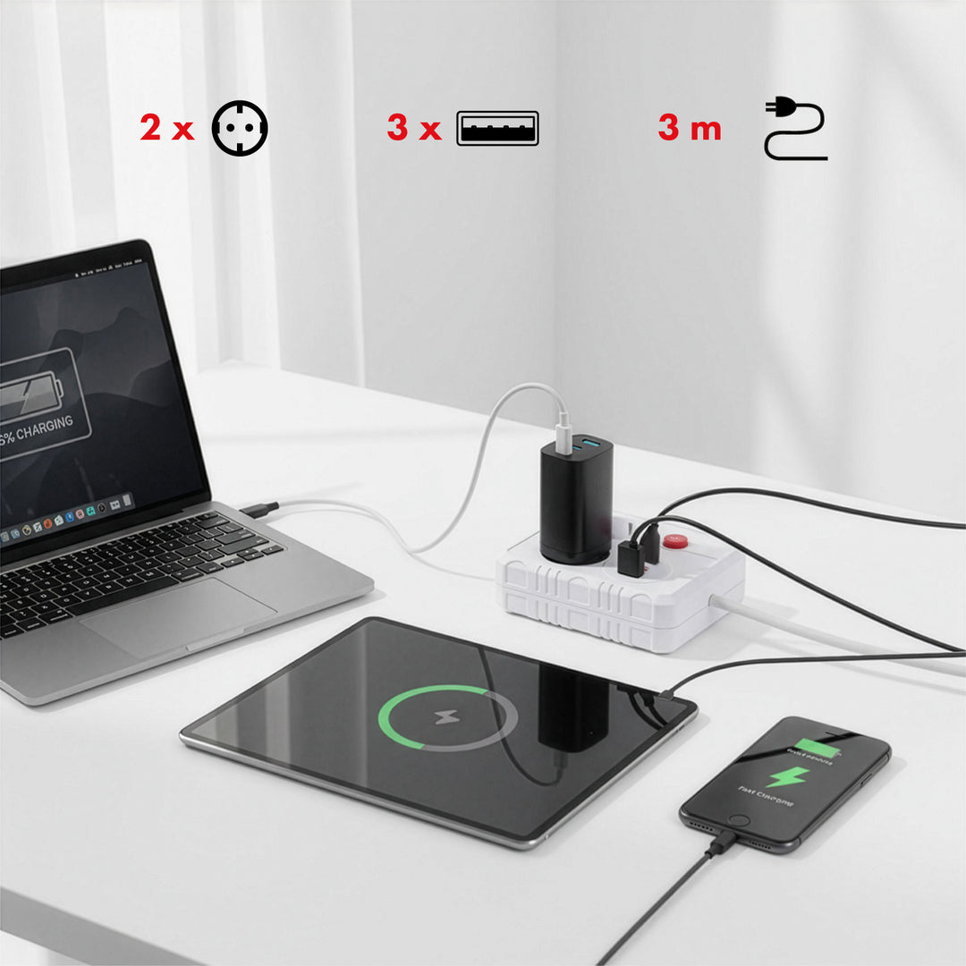 Regleta de enchufes Maclean, cable alargador 2 tomas + 3xUSB, 110-240 V CA 50/60 Hz, 2,1 A máx. 2500 W, 3 m, blanco, MCE388 W