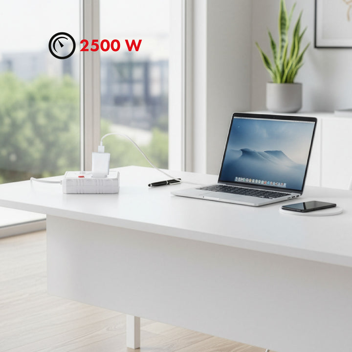 Regleta de enchufes Maclean, cable alargador 2 tomas + 3xUSB, 110-240 V CA 50/60 Hz, 2,1 A máx. 2500 W, 3 m, blanco, MCE388 W