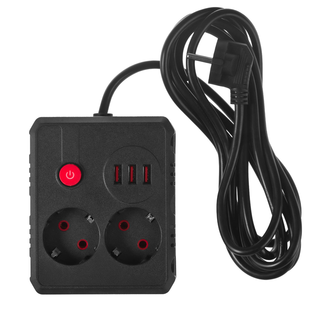 Regleta de enchufes Maclean, cable alargador 2 tomas + 3xUSB, 110-240 V CA 50/60 Hz, 2,1 A máx. 2500 W, 3 m, negro, MCE388 B