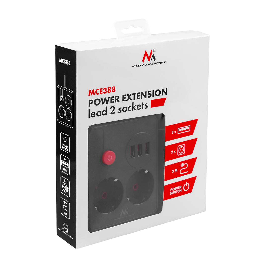 Regleta de enchufes Maclean, cable alargador 2 tomas + 3xUSB, 110-240 V CA 50/60 Hz, 2,1 A máx. 2500 W, 3 m, negro, MCE388 B