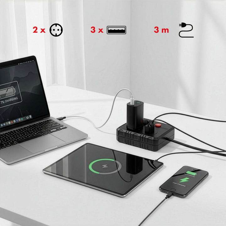 Regleta de enchufes Maclean, cable alargador 2 tomas + 3xUSB, 110-240 V CA 50/60 Hz, 2,1 A máx. 2500 W, 3 m, negro, MCE388 B