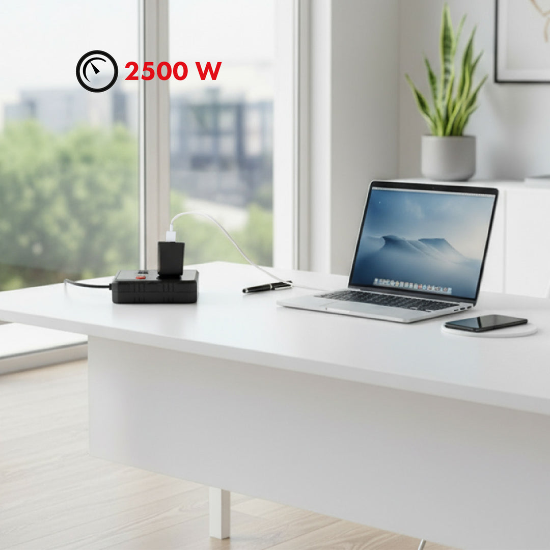 Regleta de enchufes Maclean, cable alargador 2 tomas + 3xUSB, 110-240 V CA 50/60 Hz, 2,1 A máx. 2500 W, 3 m, negro, MCE388 B