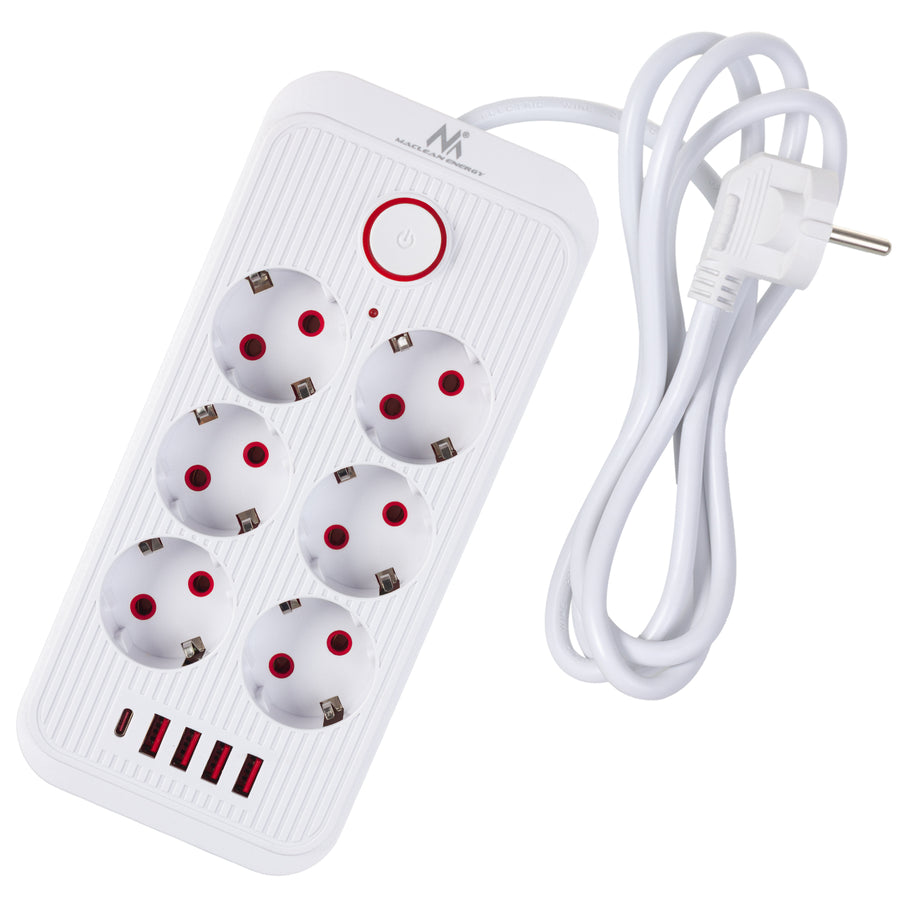 Regleta de enchufes Maclean, cable alargador de 6 tomas + 4xUSB, 110-240 V CA 50/60 Hz, 2,1 A máx. 2500 W, 1,5 m, blanco, MCE389 W
