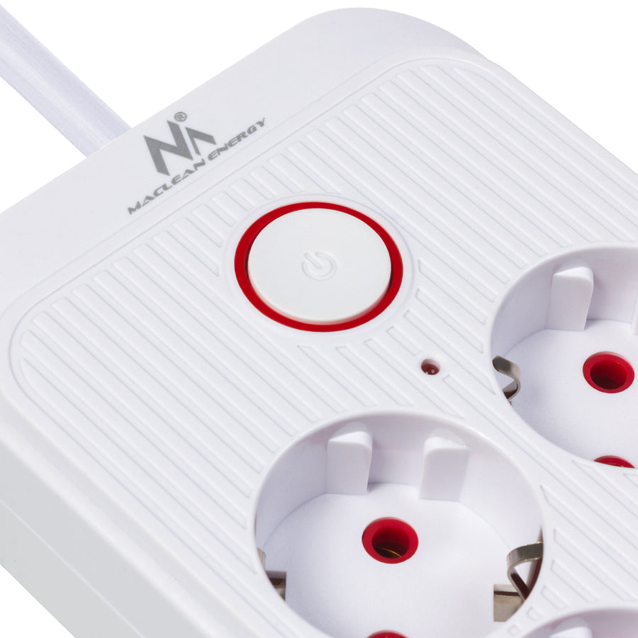 Regleta de enchufes Maclean, cable alargador de 6 tomas + 4xUSB, 110-240 V CA 50/60 Hz, 2,1 A máx. 2500 W, 1,5 m, blanco, MCE389 W