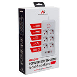 Regleta de enchufes Maclean, cable alargador de 6 tomas + 4xUSB, 110-240 V CA 50/60 Hz, 2,1 A máx. 2500 W, 1,5 m, blanco, MCE389 W