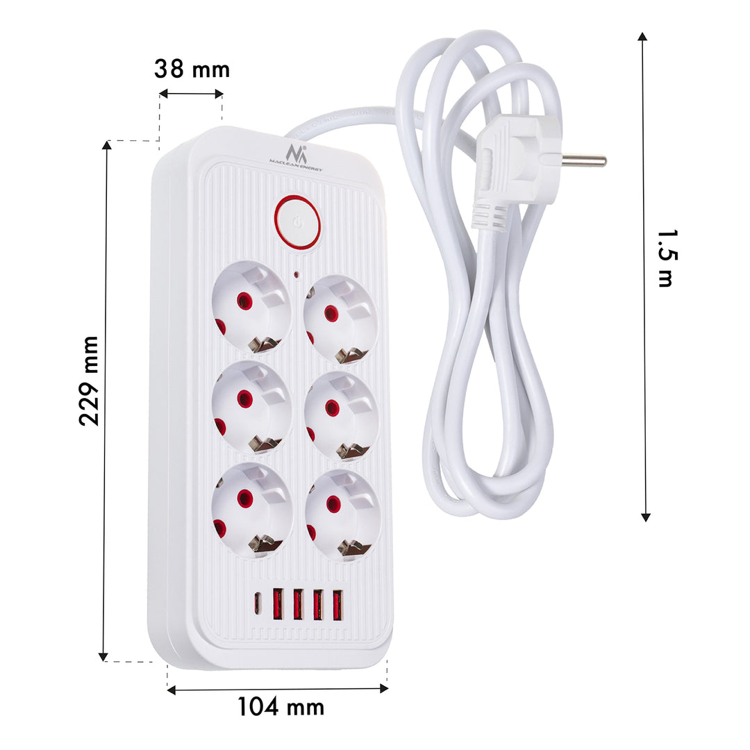 Regleta de enchufes Maclean, cable alargador de 6 tomas + 4xUSB, 110-240 V CA 50/60 Hz, 2,1 A máx. 2500 W, 1,5 m, blanco, MCE389 W