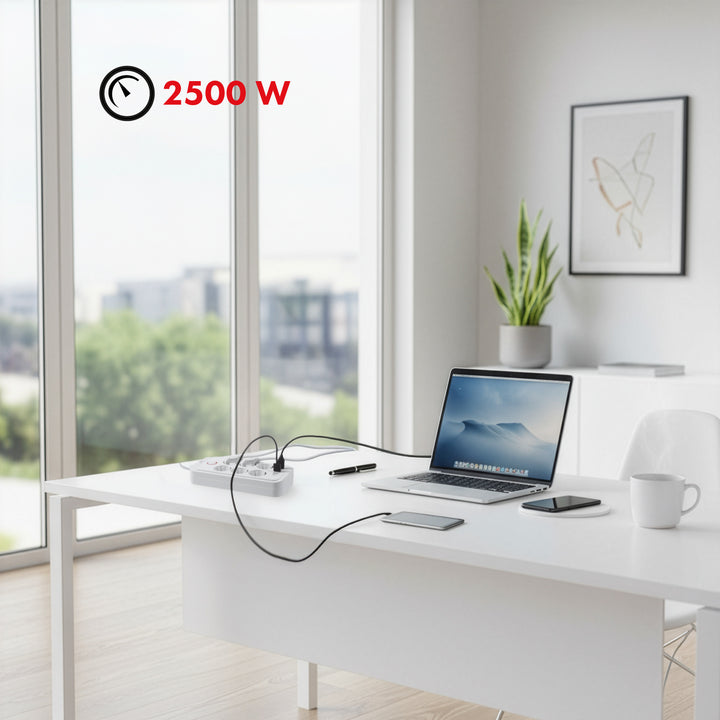 Regleta de enchufes Maclean, cable alargador de 6 tomas + 4xUSB, 110-240 V CA 50/60 Hz, 2,1 A máx. 2500 W, 1,5 m, blanco, MCE389 W