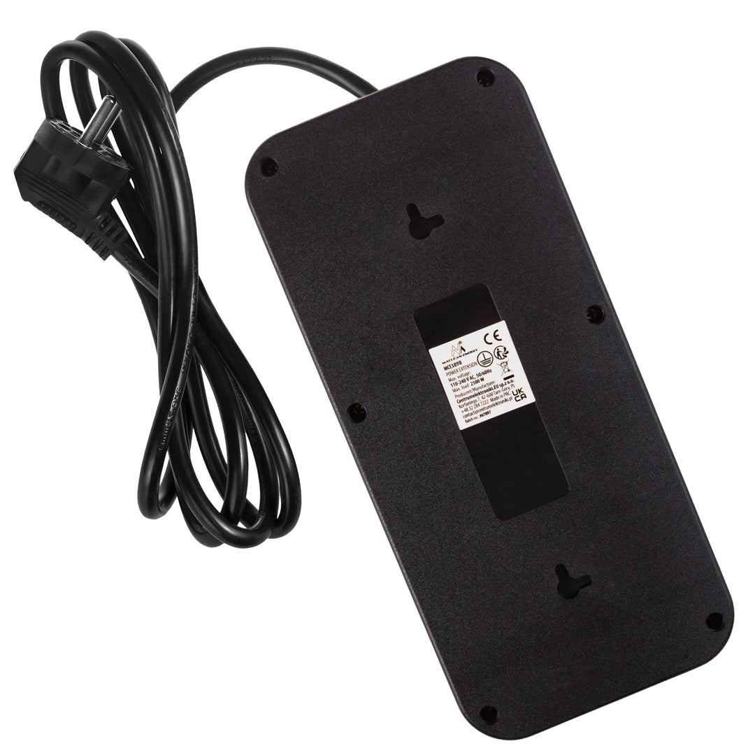 Regleta de enchufes Maclean, cable alargador de 6 tomas + 4xUSB, 110-240 V CA 50/60 Hz, 2,1 A máx. 2500 W, 1,5 m, negro, MCE389 B