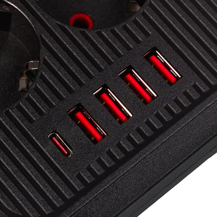 Regleta de enchufes Maclean, cable alargador de 6 tomas + 4xUSB, 110-240 V CA 50/60 Hz, 2,1 A máx. 2500 W, 1,5 m, negro, MCE389 B