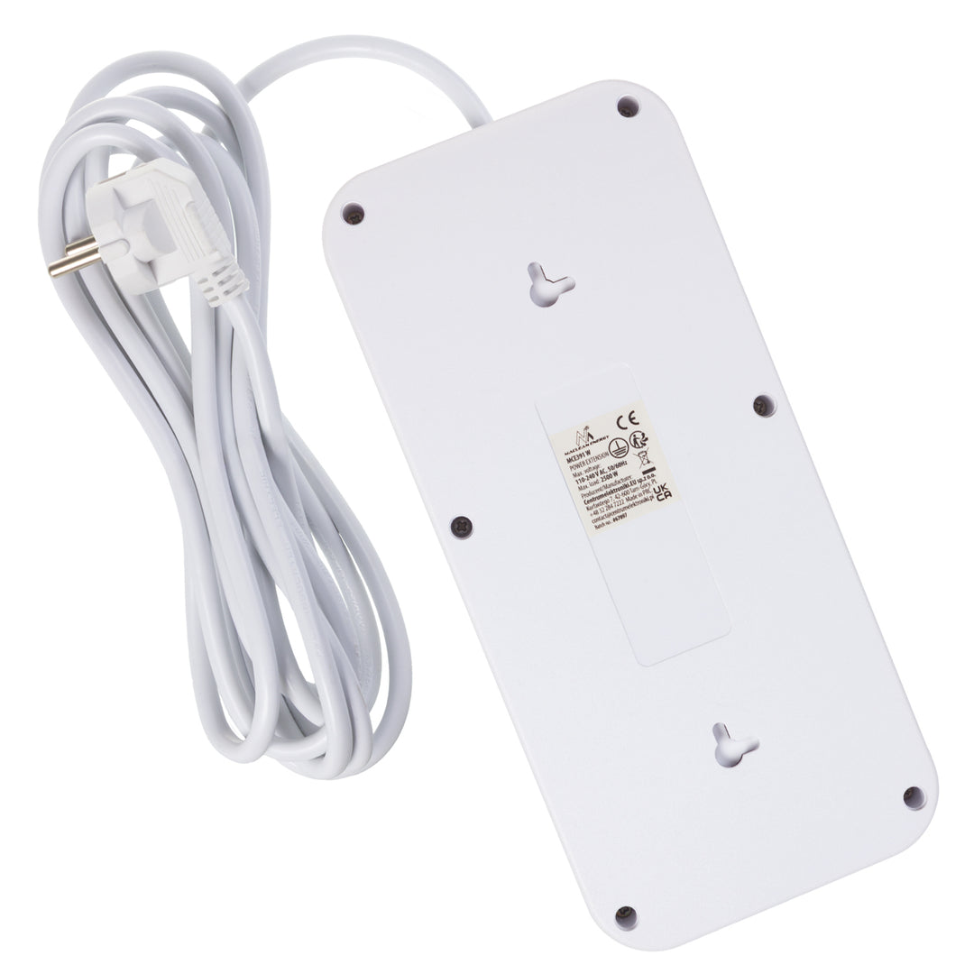 Regleta Maclean, cable alargador de 6 tomas + 4xUSB, 110-240V CA 50/60Hz, 2,1A máx. 2500W, 3m, blanco, MCE391 W
