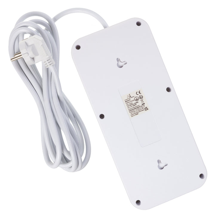 Regleta Maclean, cable alargador de 6 tomas + 4xUSB, 110-240V CA 50/60Hz, 2,1A máx. 2500W, 3m, blanco, MCE391 W