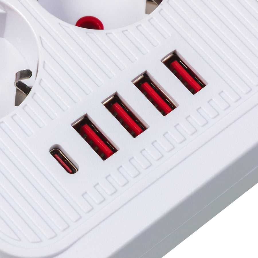 Regleta Maclean, cable alargador de 6 tomas + 4xUSB, 110-240V CA 50/60Hz, 2,1A máx. 2500W, 3m, blanco, MCE391 W