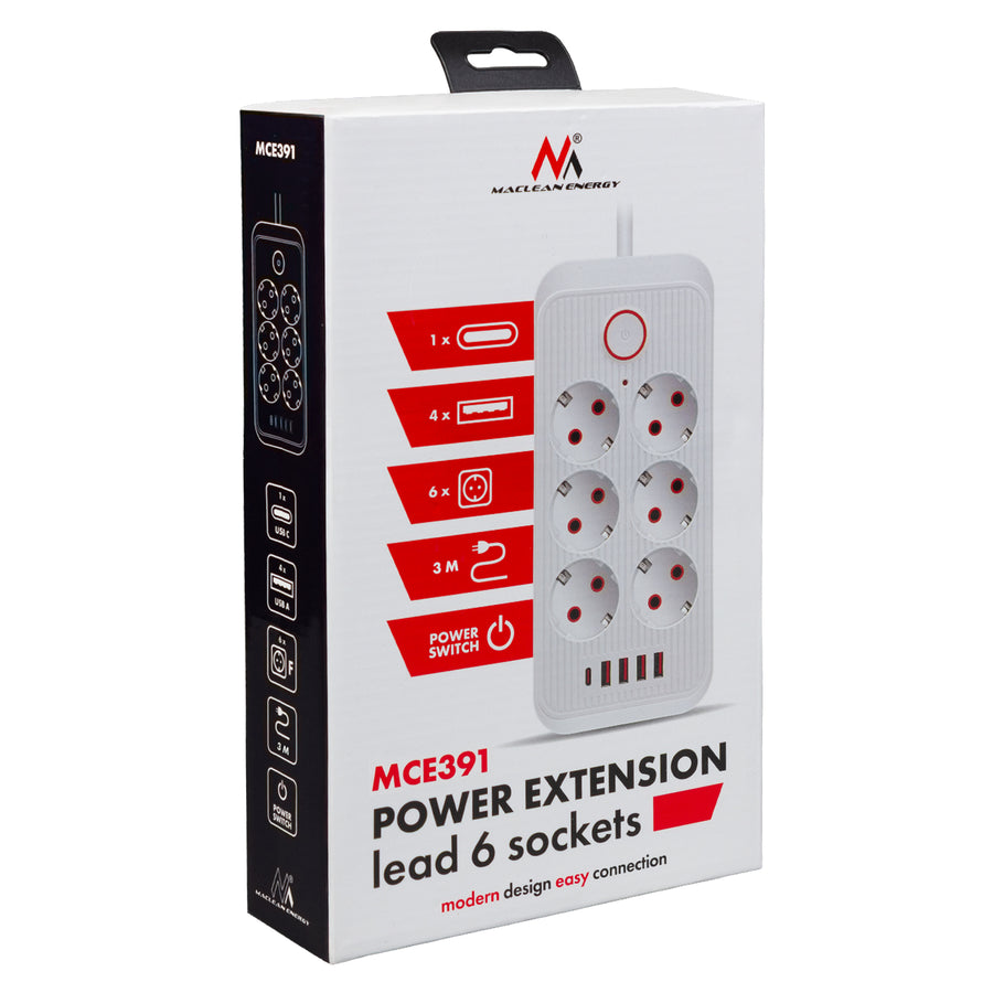Regleta Maclean, cable alargador de 6 tomas + 4xUSB, 110-240V CA 50/60Hz, 2,1A máx. 2500W, 3m, blanco, MCE391 W
