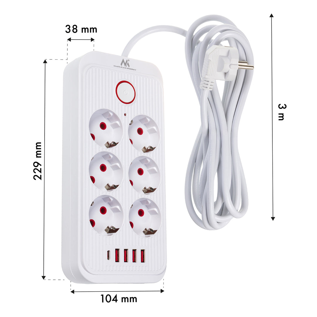 Regleta Maclean, cable alargador de 6 tomas + 4xUSB, 110-240V CA 50/60Hz, 2,1A máx. 2500W, 3m, blanco, MCE391 W