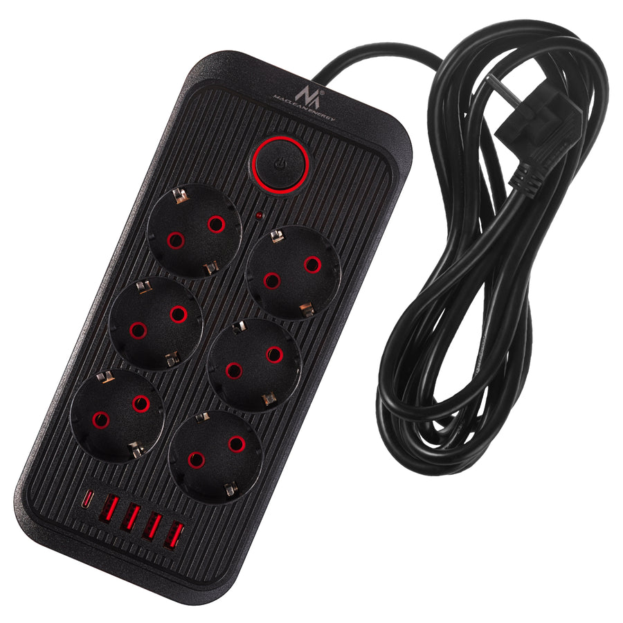 Regleta de enchufes Maclean, cable alargador de 6 tomas + 4xUSB, 110-240V CA 50/60Hz, 2,1A máx. 2500W, 3m, negro, MCE391 B