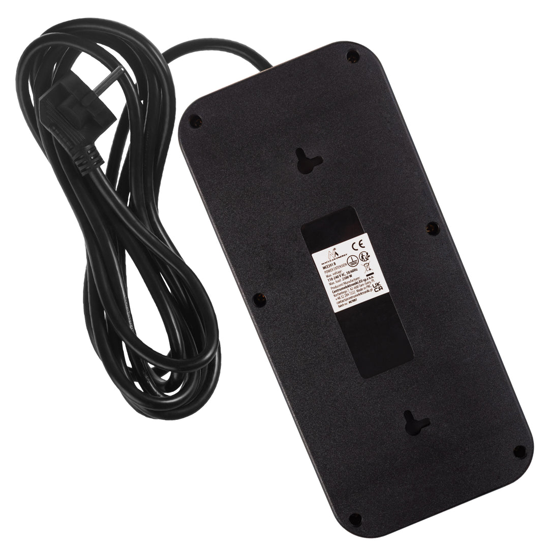 Regleta de enchufes Maclean, cable alargador de 6 tomas + 4xUSB, 110-240V CA 50/60Hz, 2,1A máx. 2500W, 3m, negro, MCE391 B
