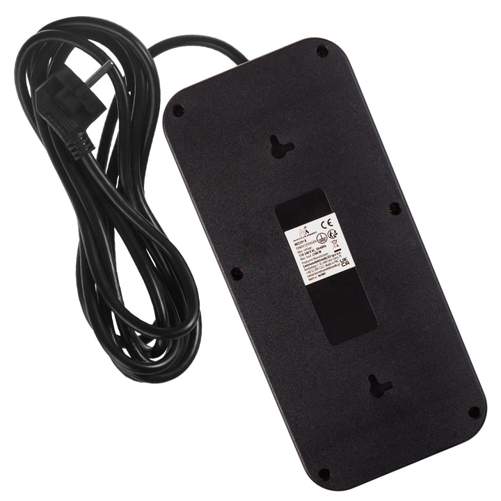Regleta de enchufes Maclean, cable alargador de 6 tomas + 4xUSB, 110-240V CA 50/60Hz, 2,1A máx. 2500W, 3m, negro, MCE391 B
