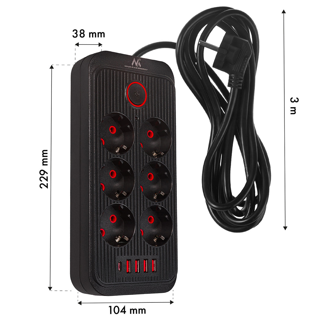 Regleta de enchufes Maclean, cable alargador de 6 tomas + 4xUSB, 110-240V CA 50/60Hz, 2,1A máx. 2500W, 3m, negro, MCE391 B