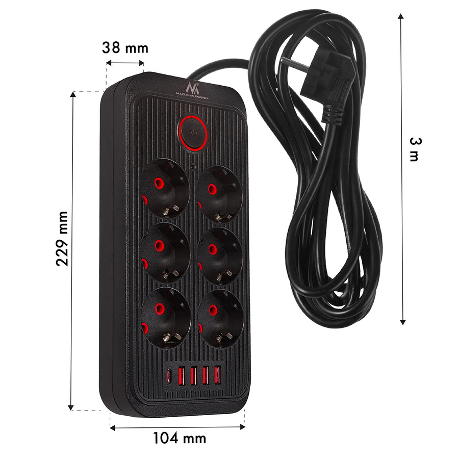 Regleta de enchufes Maclean, cable alargador de 6 tomas + 4xUSB, 110-240V CA 50/60Hz, 2,1A máx. 2500W, 3m, negro, MCE391 B