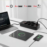 Regleta de enchufes Maclean, cable alargador de 6 tomas + 4xUSB, 110-240V CA 50/60Hz, 2,1A máx. 2500W, 3m, negro, MCE391 B