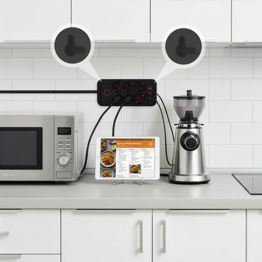 Regleta de enchufes Maclean, cable alargador de 6 tomas + 4xUSB, 110-240V CA 50/60Hz, 2,1A máx. 2500W, 3m, negro, MCE391 B