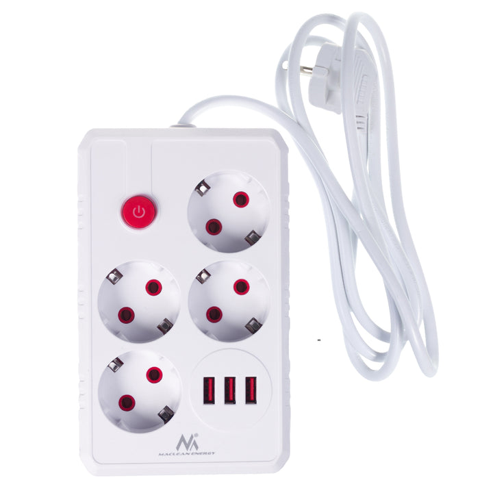 Regleta de enchufes Maclean, cable alargador de 4 tomas + 3xUSB, 110-240 V CA 50/60 Hz, 2,1 A máx. 2500 W, 1,5 m, blanco, MCE392 W
