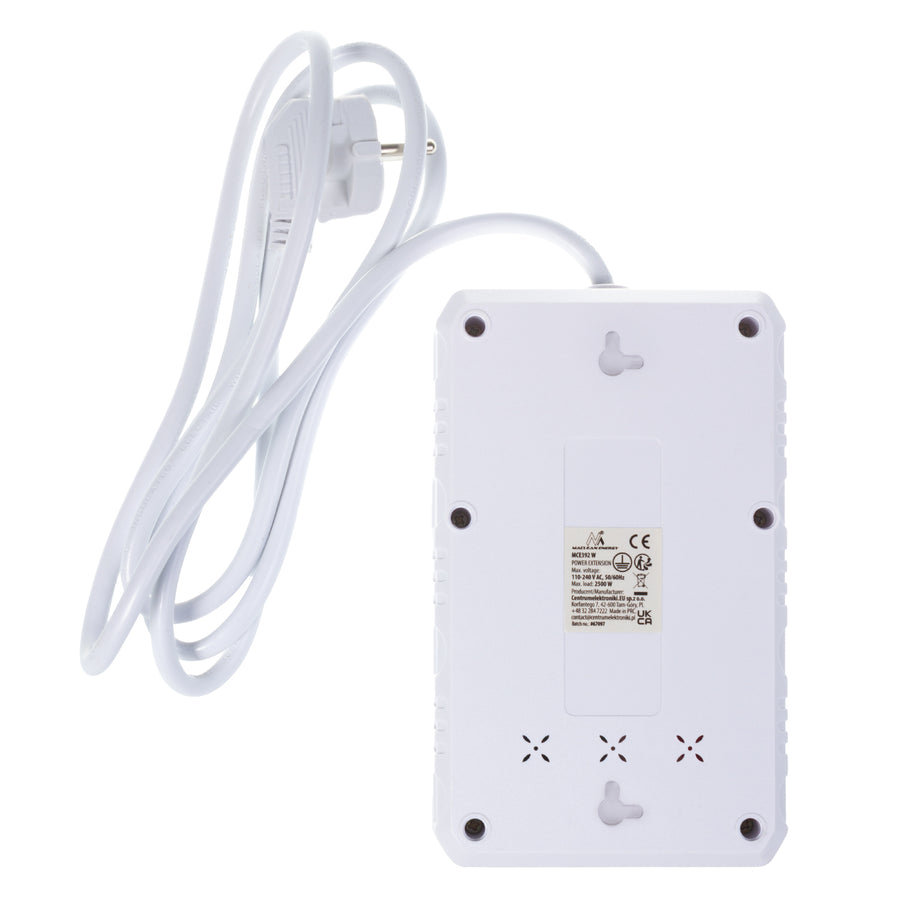 Regleta de enchufes Maclean, cable alargador de 4 tomas + 3xUSB, 110-240 V CA 50/60 Hz, 2,1 A máx. 2500 W, 1,5 m, blanco, MCE392 W