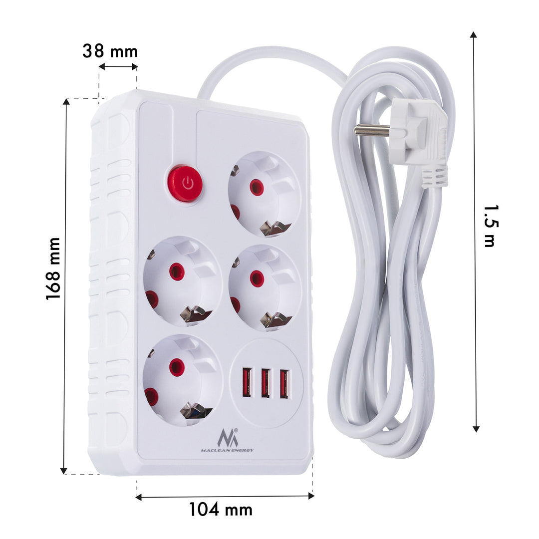 Regleta de enchufes Maclean, cable alargador de 4 tomas + 3xUSB, 110-240 V CA 50/60 Hz, 2,1 A máx. 2500 W, 1,5 m, blanco, MCE392 W